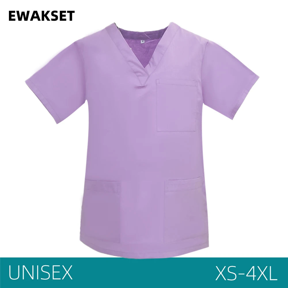 Unisex Solid Surgical Top 100% Cotton Shirt medical Uniforms Short Sleeve V-neck 3 Pocket Scrub Tops for Women Men