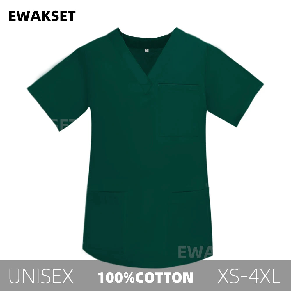 Unisex Solid Surgical Top 100% Cotton Shirt medical Uniforms Short Sleeve V-neck 3 Pocket Scrub Tops for Women Men
