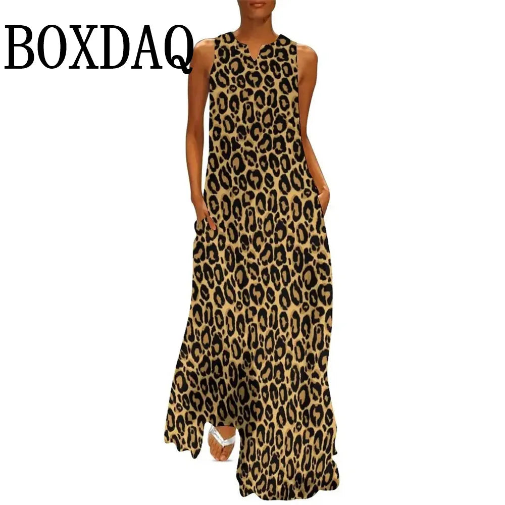 Summer Women Leopard Graphic Print Dress Fashion Elegant Casual V-Neck Sleeveless Tank Long Dresses Ladies Sexy Loose Maxi Dress