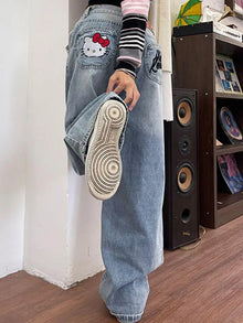Jeans Harajuku Sanrios Y2K Hello Kittys Trend Anime Kawai Kt Wide Leg Pants Loose for Women Trouser Street Student Casual Fashio