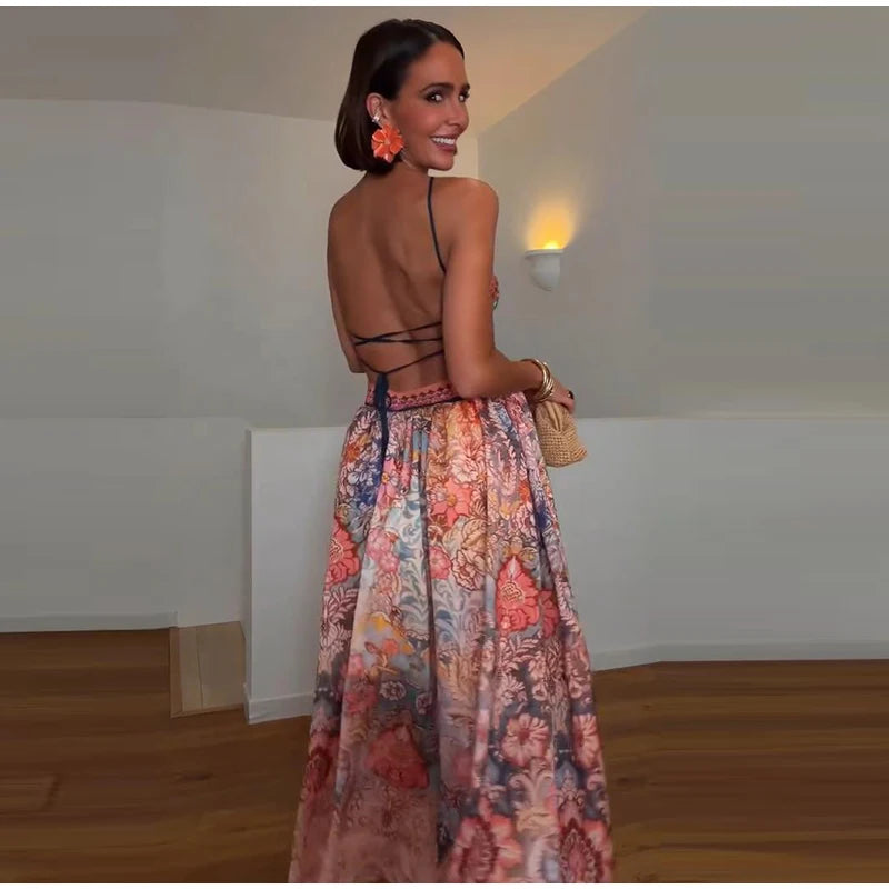 Women Printed V Neck Long Dress Flared Sleeve Lotus Leaf Edge High Waist Slim Fit Maxi Dresses Lady Elegant Evening Party Dress