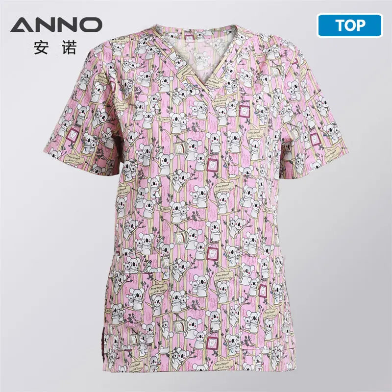 ANNO Hospital Staff Scrubs Top Medical Sanitary Nursing Uniform Dental Clinic Print Beauty Caregiver Coveralls