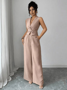 Women's 2 Piece Outfits Summer Sleeveless Wrap V Neck Crop Top Wide Leg Pants Set Casual Elegant Office Two Piece Sets