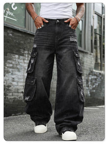 LIYS Men Retro Black Wash Multi Pocket Cargo Jeans Ripped Baggy Wide Leg Y2K Streetwear Denim Pants Tactical Loose Trousers