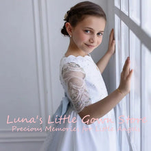 Customized White Lace Tulle Flower Girl Dress For First Communion Wedding Floor Length Gown Three Quarter Lace Sleeve Grey Back