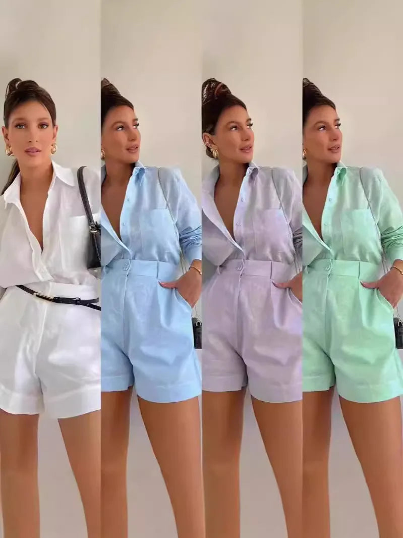Women's Long Sleeve 2-Piece Set Casual Button Detail Shorts Outfit with Shirt Top Summer Fashion Female Suit