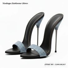 Black Patent Leather Metal Stiletto Mules 16cm Pointed Open Toe Thin Heels Plus Size Shoes Women's Summer Pull On Party Slippers