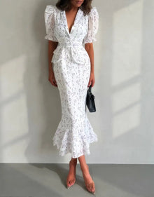 Robe longue à imprimé, col en V, taille cintrée et plissée, à revers et manches courtes, taille haute, élégante, nouvelle robe d'été pour femme