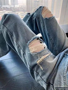 Jean droit déchiré tendance pour femme, printemps-été, taille haute, coupe large décontractée, design amincissant, jean en denim décontracté