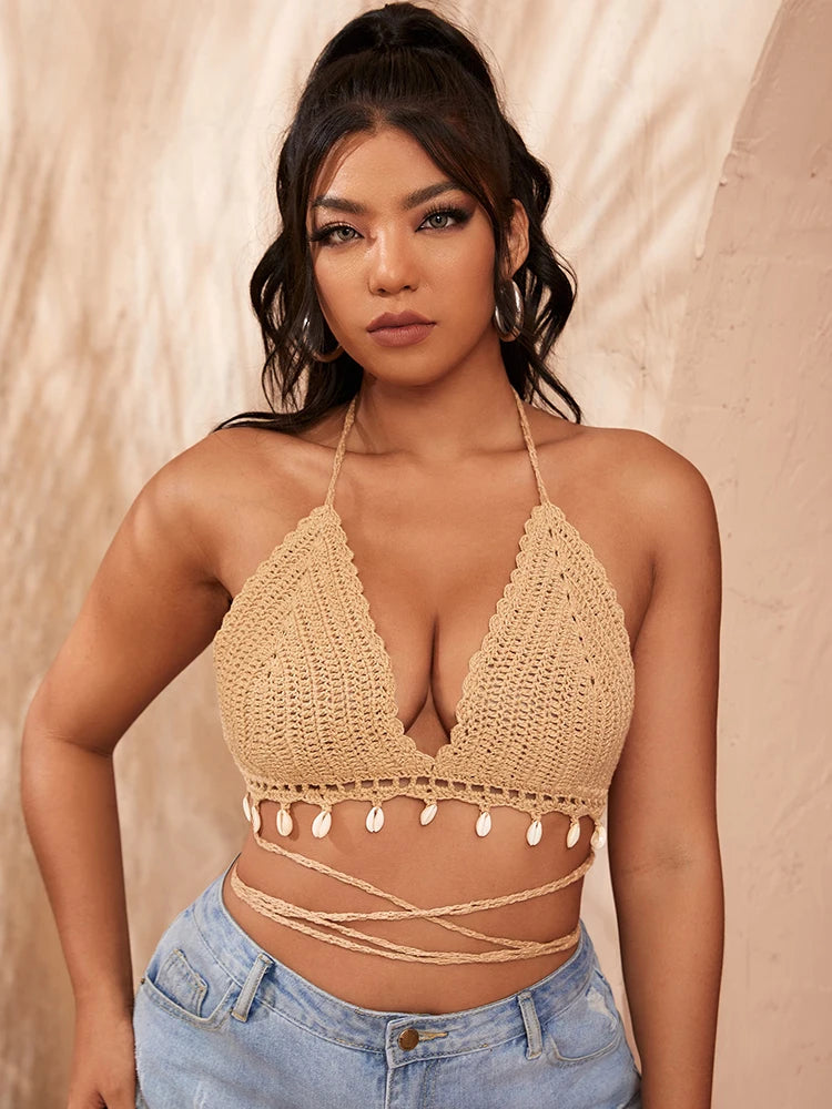 Plus Size Crochet Shell Tassel Bikini Top Tie Back Halter