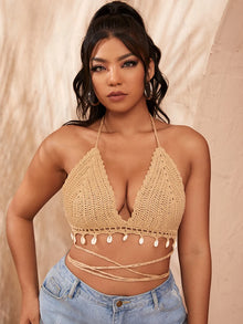 Plus Size Crochet Shell Tassel Bikini Top Tie Back Halter