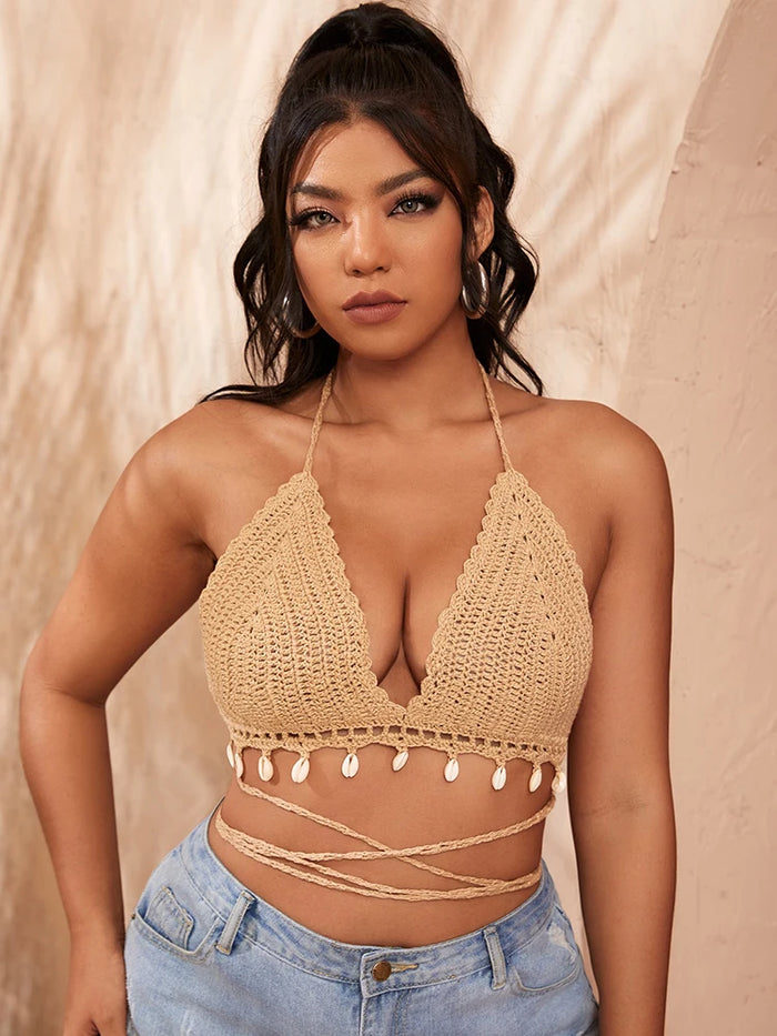 Plus Size Crochet Shell Tassel Bikini Top Tie Back Halter