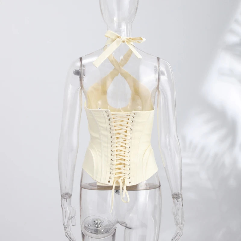 Sexy Hollow-out Fishbone Tank Tops 2026 Summer New Female Solid Halter Lace-up Backless Sleeveless Vest Women's Slim Clubwear