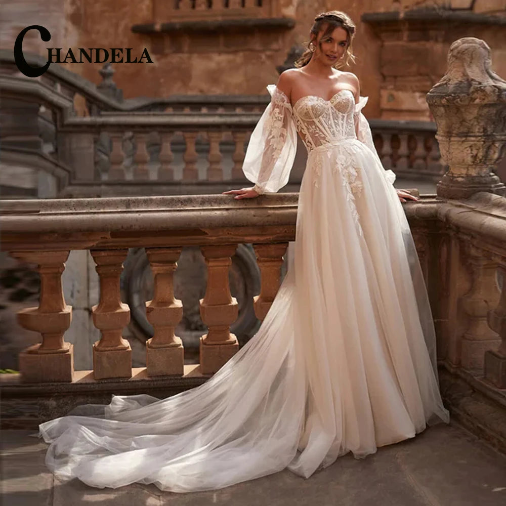 CHANDELA Trendy A-line Wedding Dress Bridal Sleeveless Tulle Lace Appliques Lacing up Brush Train Vestidos Para Mujer Customised