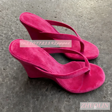 Rose Red Suede Thong Mules Summer Open Toe Shallow Wedge Sandals Elegant Outdoor Women'S Slip-On Slippers Big Size Gladiator 46