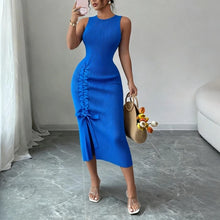 Women's Blue Sleeveless Crew Neck Ruched Side Sundress Stretchy Ribbed Knit Bodycon Midi Dress Slit Summer Daily Party Dress