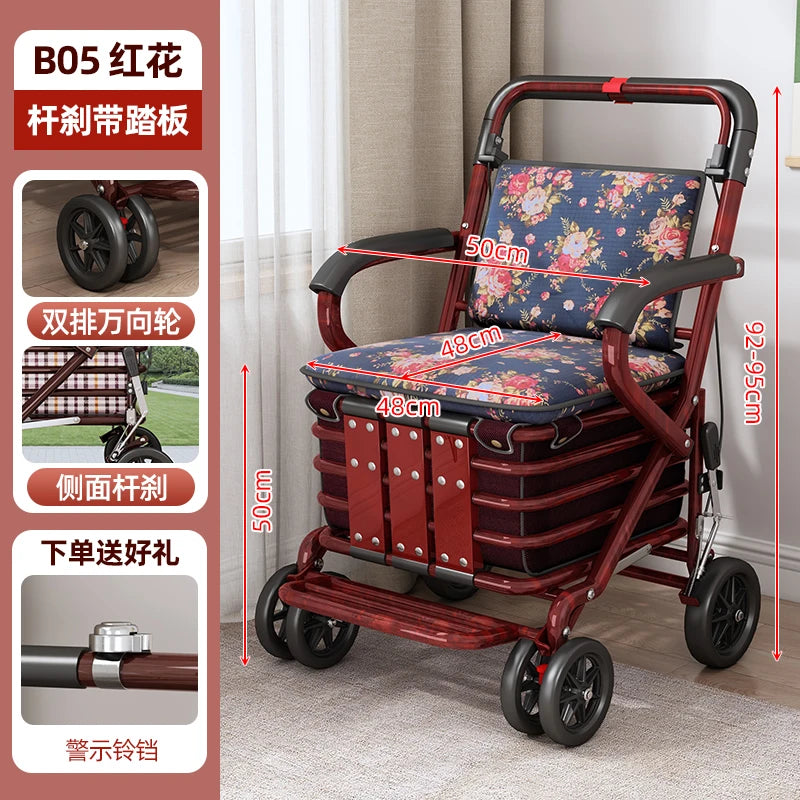 Foldable Shopping Cart with Seat 4 Wheel Walker Push Cart Large Capacity Grocery Trolley for Elderly Outdoor Mobility