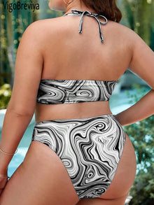VigoBreviya 2026 Print 3 Piece Plus Size Mesh Pants Bikini Set Women Hollow Push Up Curvy Swimsuit Beach Lady Big Bathing Suit