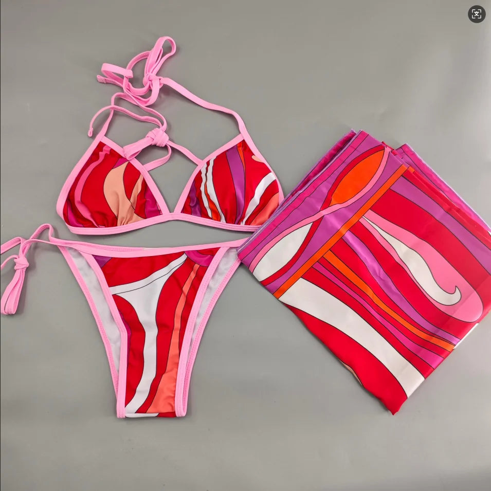 2026 Fashion Design Women's Red Scarf Sling Swimsuits Classic Brand Lady Scarf Bikini Sets with Letter Signature Logo
