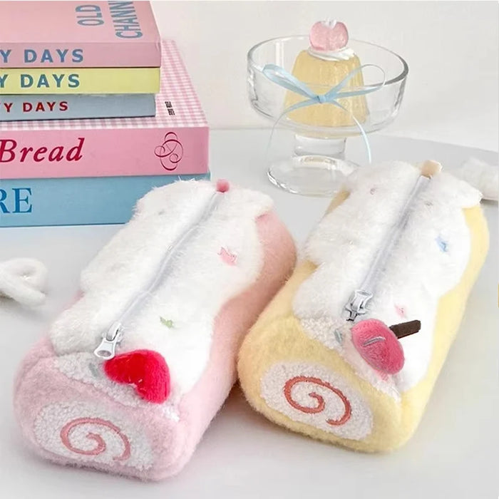 INS Fashion Korean Cream Swiss Roll Plush Pencil Case Student Desktop Storage Stationery Pen Bag Cute Girl Makeup Bag