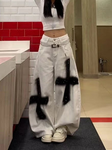 Subculture High Street Y2k Jeans Vintage Loose Pockets Pants Mid Waist Button Full Length Graffiti Chic Denim Pants New Harajuku