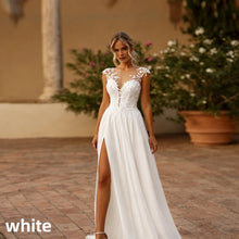 A Line Wedding Dress Cap Sleeve Sheer V Neck Leaf Lace Chiffon Side Split Pearl Button Back Sweep Train Custom Bridal Dress