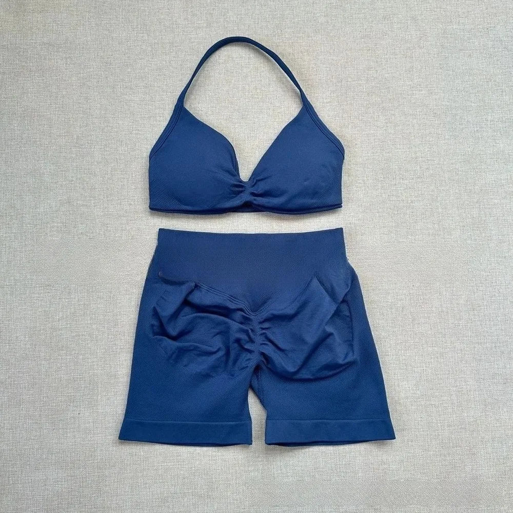 NO Logo Gym impact shorts set Strap Top Women's Long Line Strap Vest Pads Yoga Clothes Fitness Exercise Running Sports Clothes