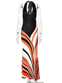 Blifanbo Halter Neck Maxi Dress Women Colorful Swirl Print