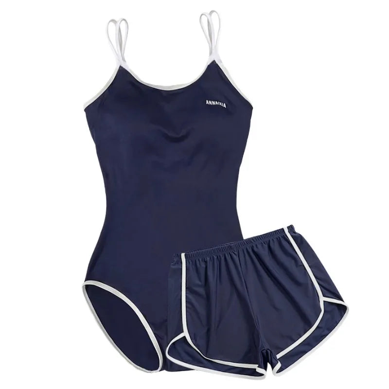 Sports Navy Blue Two-piece Swimsuit Set with Suspenders and High Waisted Shorts Suitable for Beach Swimming Pool Training