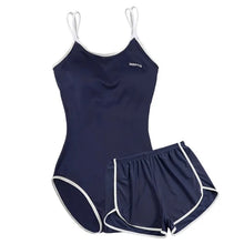 Sports Navy Blue Two-piece Swimsuit Set with Suspenders and High Waisted Shorts Suitable for Beach Swimming Pool Training