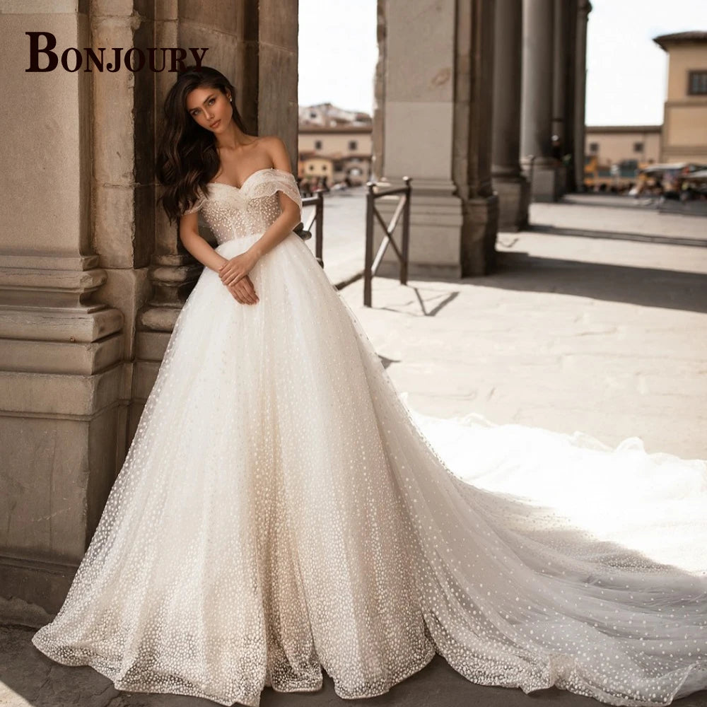 BONJOURY Simple V-neckline Wedding Dress for Woman Bride Satin Pockets Chapel Train Button Vestido De Casamento Drop Shipping
