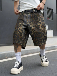 Men's Summer Retro Leopard Print Denim Shorts, Washed Loose Wide-Leg High-Street Grunge Knee-Length Denim Shorts