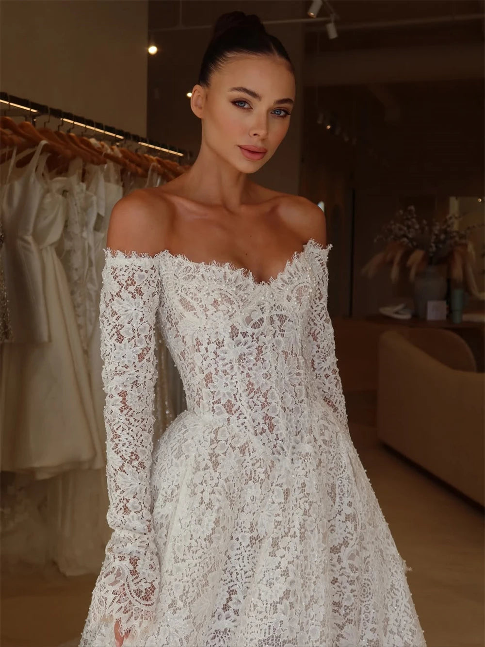 Customized Elegant Lace Off-Shoulder Bridal Dress Long Sleeve Ball Gown Wedding Dress Glamorous Bridal Gown for Formal Weddings