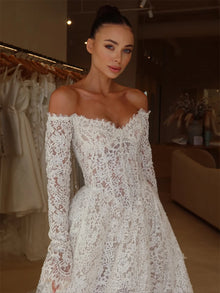 Customized Elegant Lace Off-Shoulder Bridal Dress Long Sleeve Ball Gown Wedding Dress Glamorous Bridal Gown for Formal Weddings