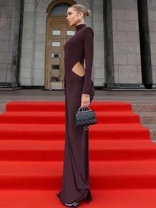 Robe longue élégante Nibber style hipster, sans taille, froncée, col roulé, manches longues, design évidé, pour femme, style automne, idéale pour bal ou soirée, coupe moulante