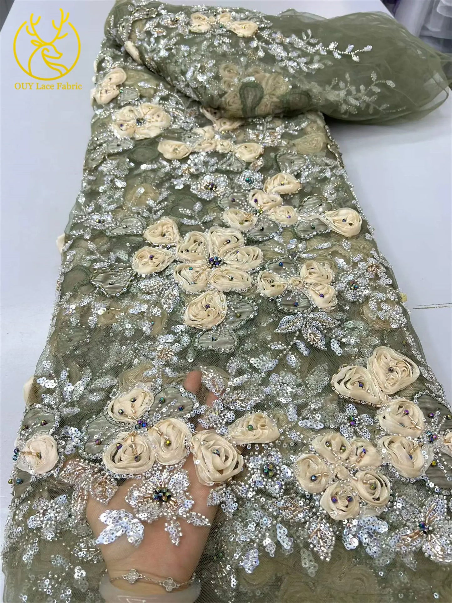 Beautiful Nigerian 3D Flower Lace Fabric 2026 African Beaded Sequins Lace Fabric French Embroidery Tulle Lace Wedding Dress