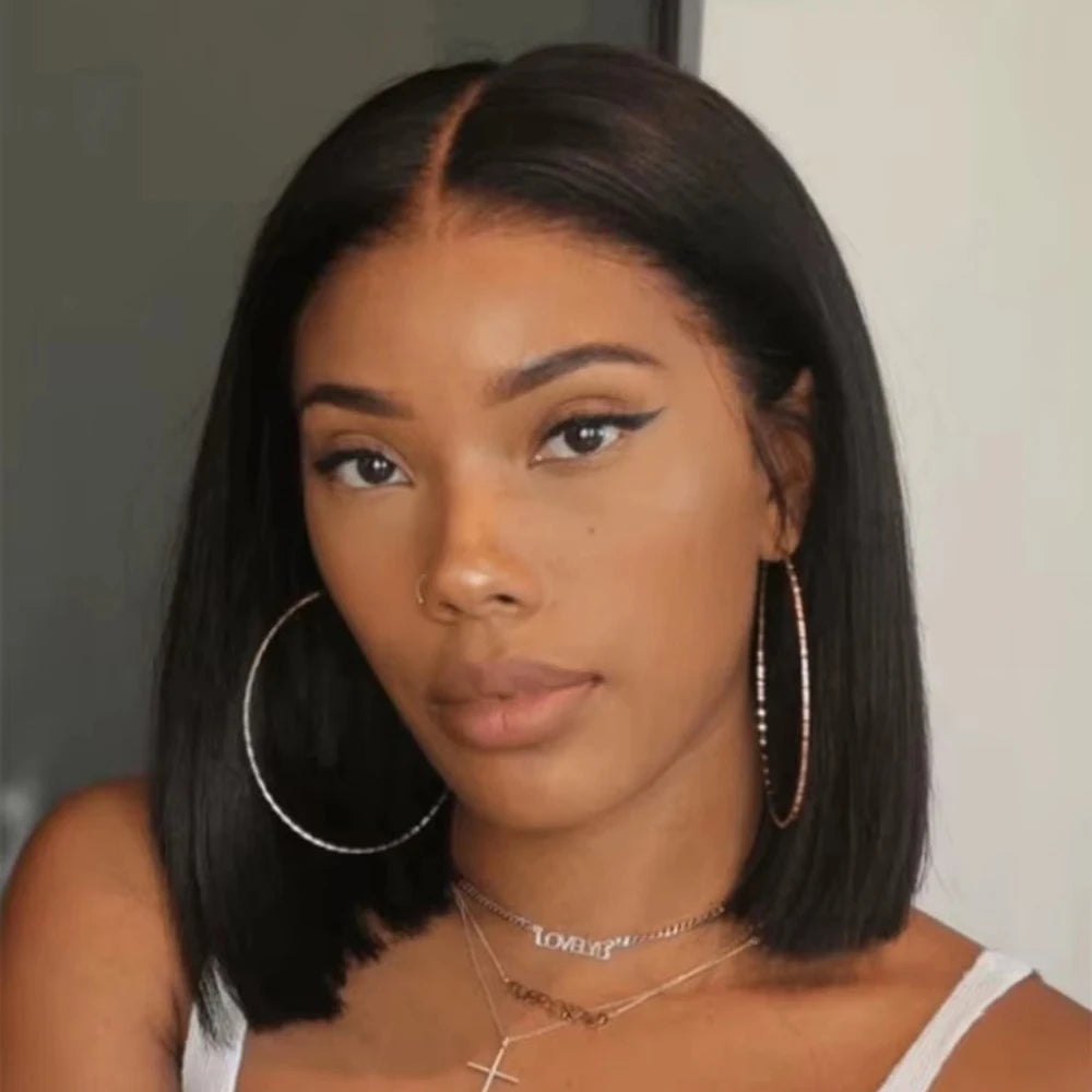 100%Human Hair Black Straight Bob Wig PrePlucked 13x4 Lace Front 4x4 Closure Lace Frontal 12 14 Inch Bone Straight Short Bob Wig