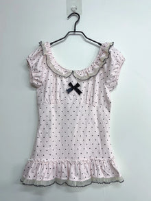 Women Summer Korean Fashion Sweet Bow Tops Vintage Cute Y2K Polka Dot Print Slim Fit Japan Lace Shirt Short Sleeve 2000s Clothes