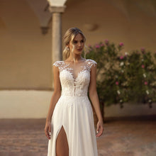 A Line Wedding Dress Cap Sleeve Sheer V Neck Leaf Lace Chiffon Side Split Pearl Button Back Sweep Train Custom Bridal Dress