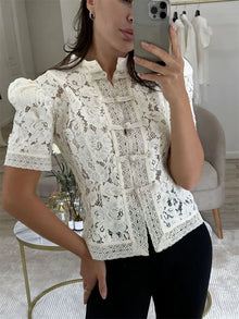 Tossy Lace Cardigan Women Short Sleeve See Through Blouse