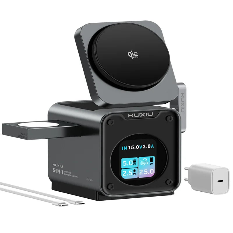 KUXIU D5 Qi2.2 25W 5-in-1 Magnetic Wireless Charging Station With Smart TFT Color Display For iPhone 17 16 15 14 13/iWatch/AirPo
