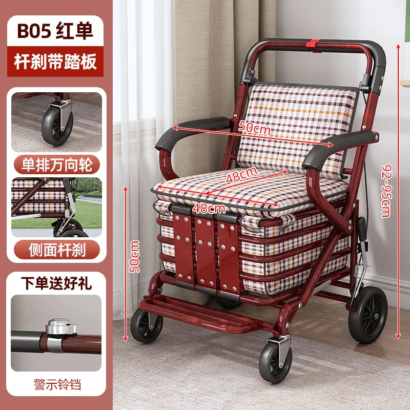 Foldable Shopping Cart with Seat 4 Wheel Walker Push Cart Large Capacity Grocery Trolley for Elderly Outdoor Mobility