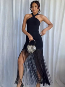 Women Tassel Patchwork Halter Maxi Dress Chic Solid Sleeveless Off-shoulder Slim Slit Dresses Fashion Lady Vacation Party Gowns