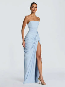 Women Strapless Pleated Long Dress Elegant Solid Split Sleeveless Backless High Waist Slim Fit Maxi Dresses 2026 Lady Party Robe