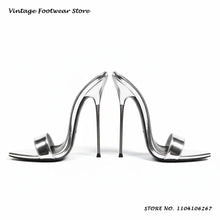 Black Patent Leather Metal Stiletto Mules 16cm Pointed Open Toe Thin Heels Plus Size Shoes Women's Summer Pull On Party Slippers
