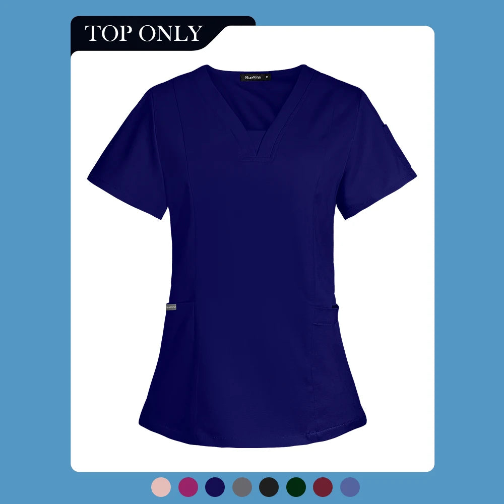 V-neck Short Sleeved Top Fashion Nurse Uniform Dentist Veterinary Work Uniform Unisex Healthcare Nurse Clothing Scrun Women Mens