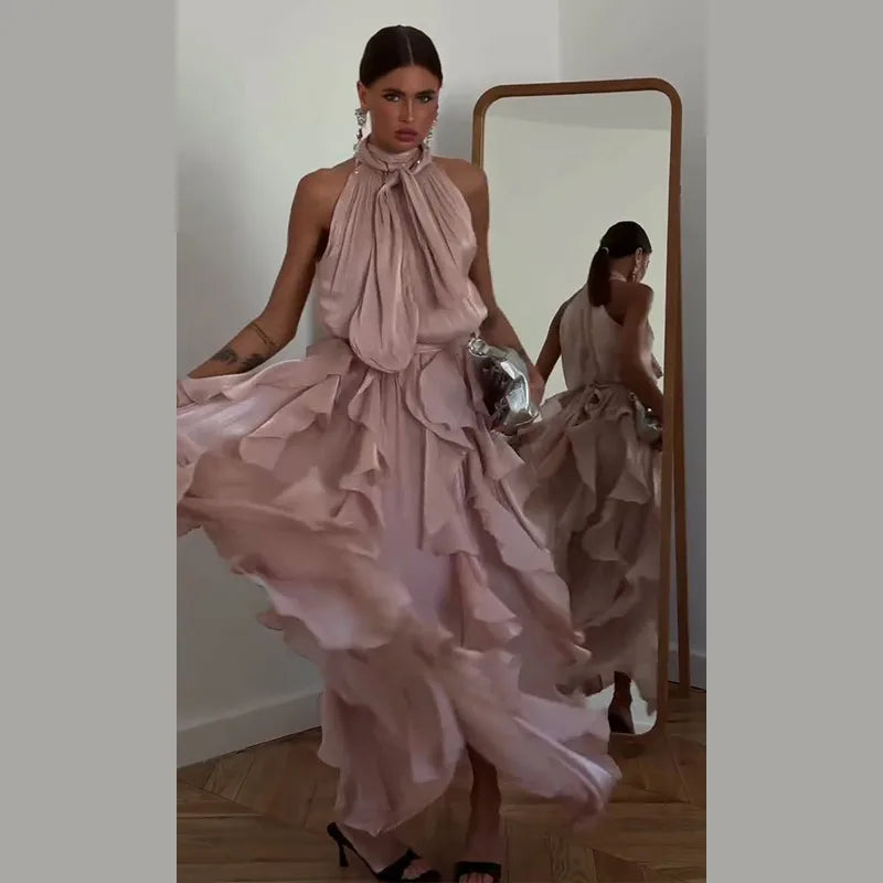 Sexy Cascading Ruffle Pleated Women Long Dress Fashion Lace Up Sleeveless Empire Female Dresses 2026 Spring Summer Lady Robe