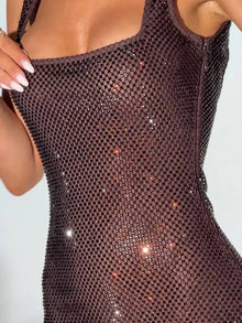 DEAT Fashion Shoulder Sequin Mesh Diamond Suspender Dress Women's Slim Fit High Waist Ankle-length Dresses New 7A846