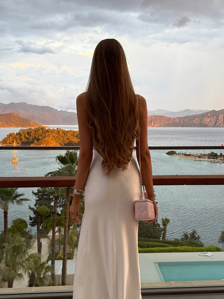 Luxury White Satin Backless Veatido Women Sexy Spaghetti Strap V-neck High Split Midi Dress Vacation Evening Party Beach Outfits