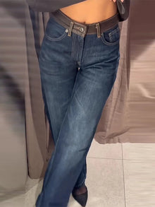 Women Jeans High Waist Pants Wide Leg Jean Contrast Brown Leather Patch Pockets Fit Casual Denim Trousers Spring Woman Clothes